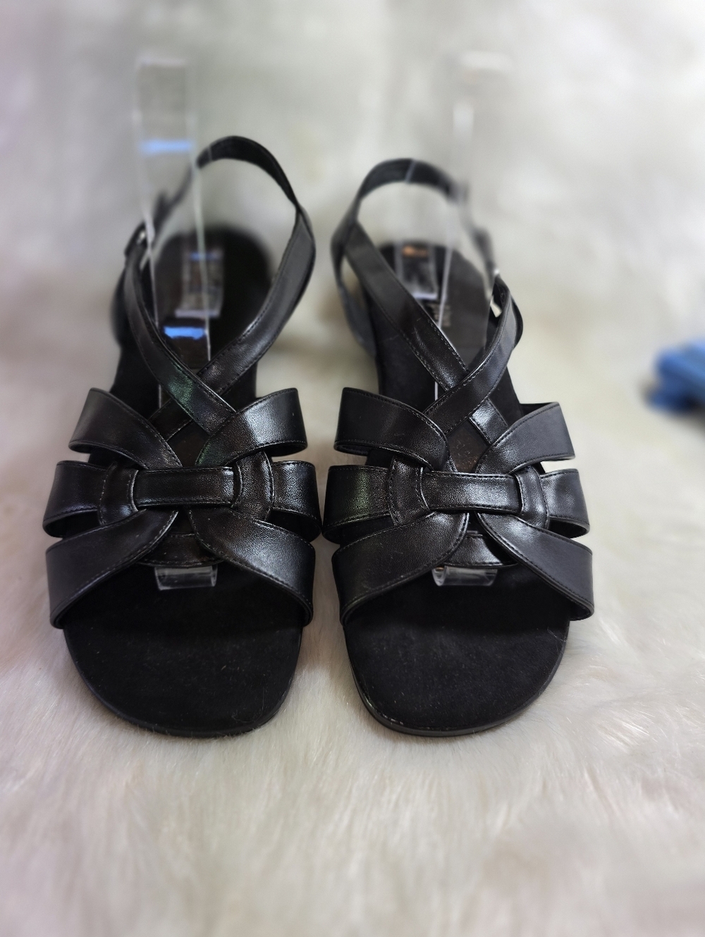 Comfort Plus by Predictions Black Strappy Vegan Leather Woven Slingback Sandals